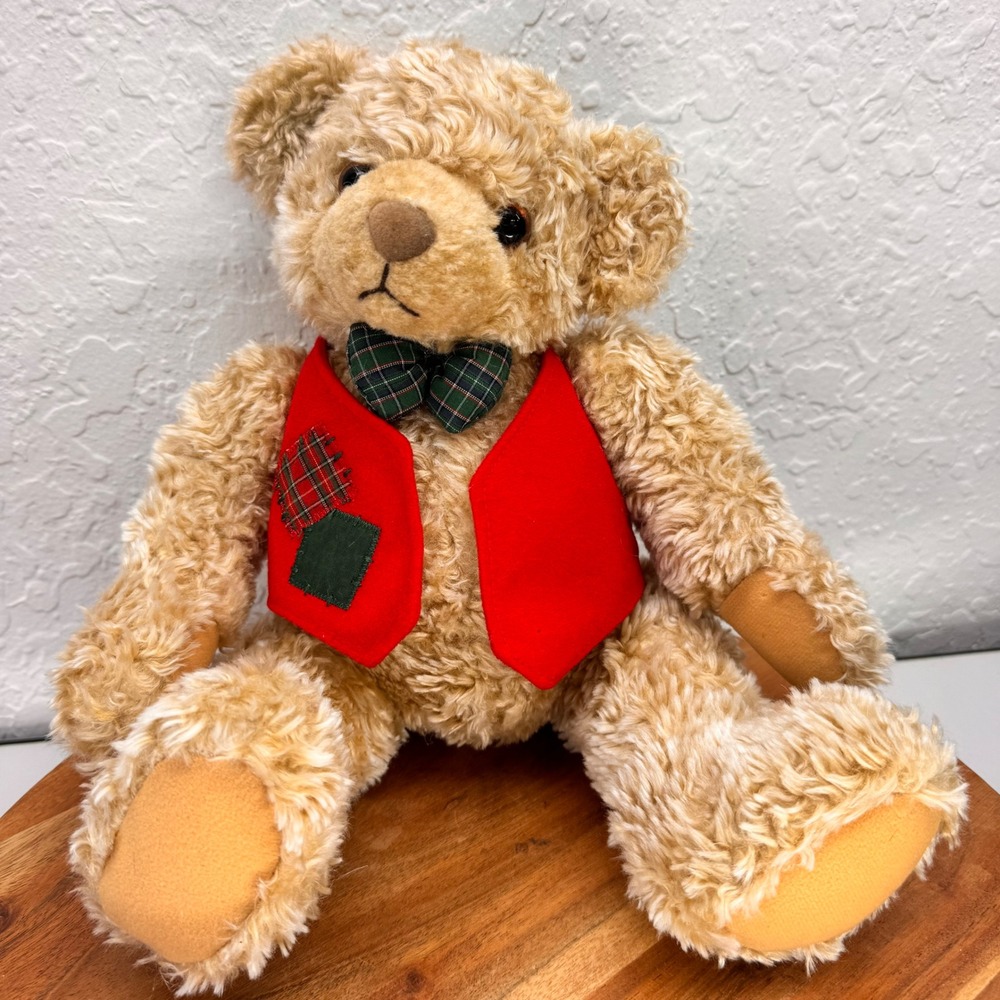 Hallmark Teddy Bear Plush Tan Curly Fur Red Vest Plaid Bow Tie 10" XPF3417